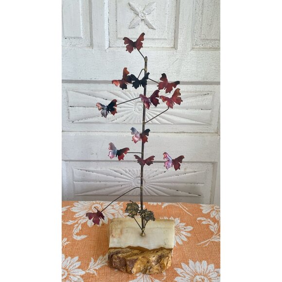 Vintage 1960's Table top Brutalist Metal Butterfly Sculpture Onyx Stone - Picture 1 of 14